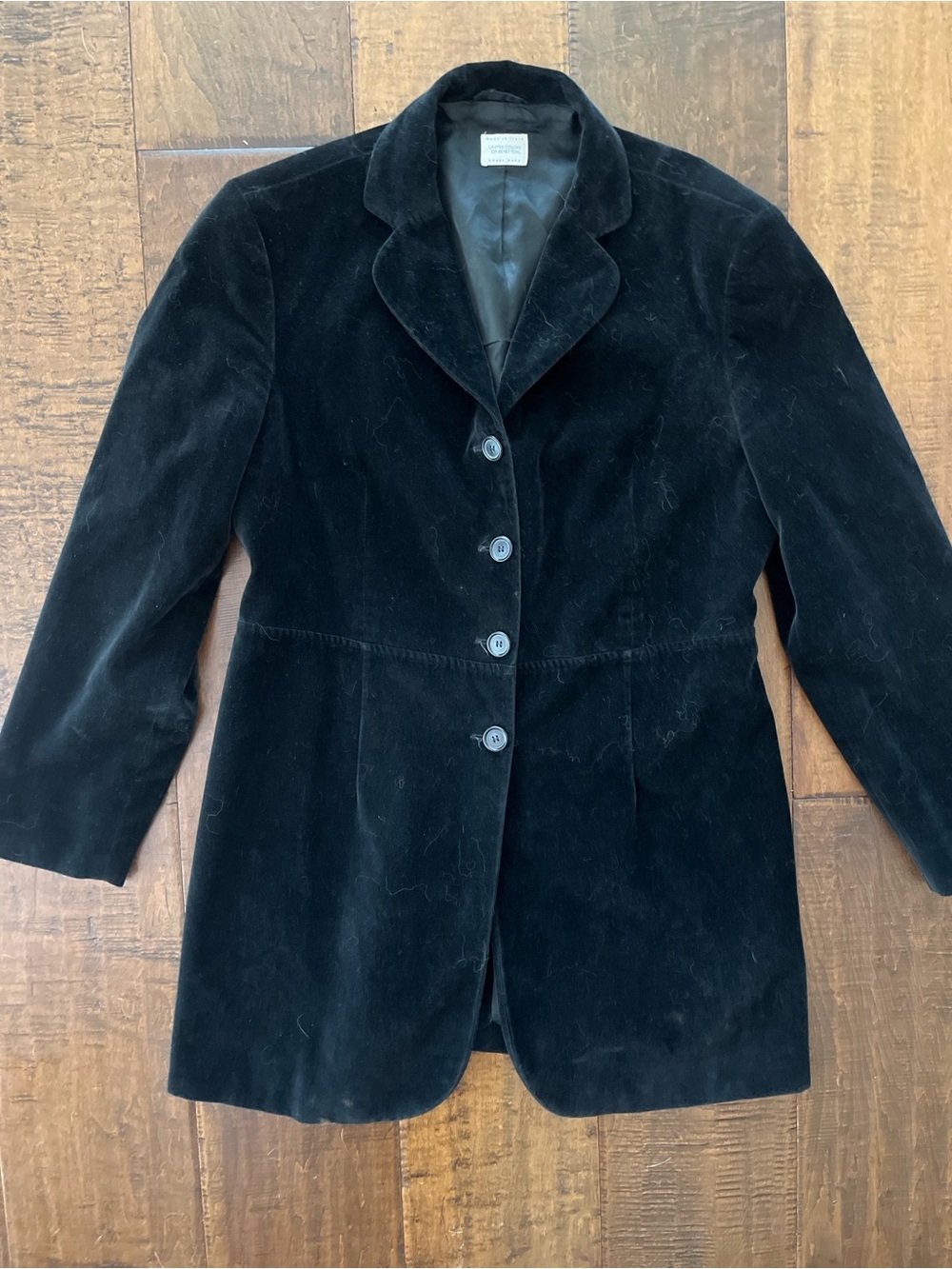 Vintage 90’s United Colors of Benetton black velvet tailored mid-length jacket